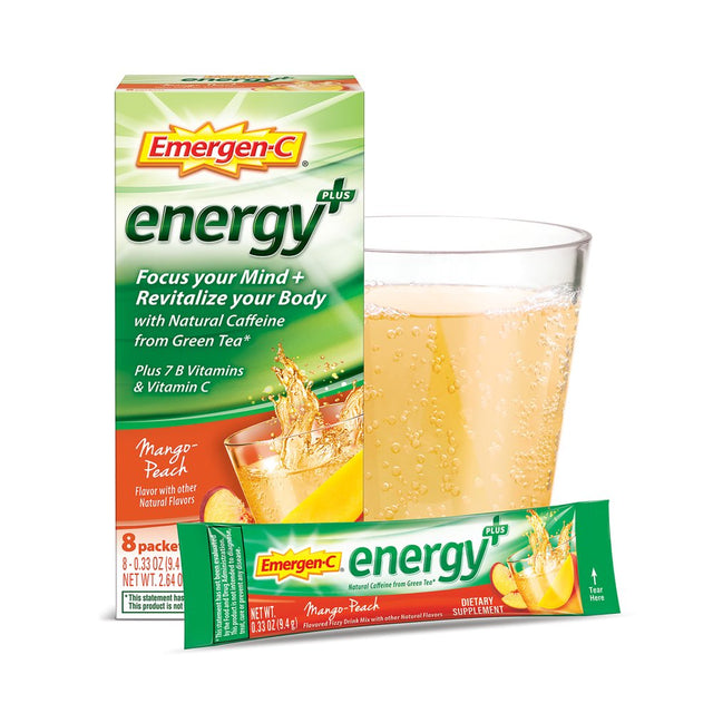 Emergen-C Energy+, with B Vitamins, Vitamin C and Natural Caffeine from Green Tea (8 Count, Mango Peach Flavor) Dietary Supplement Drink Mix, 0.33 Ounce Powder Packets