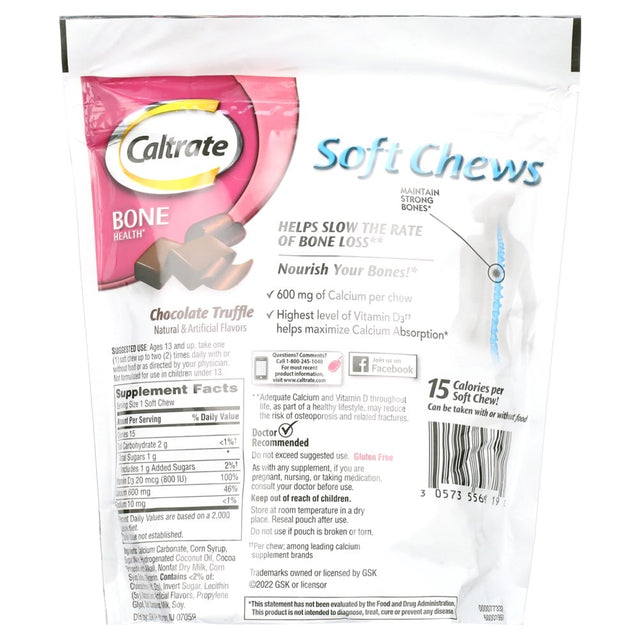 Caltrate Soft Chews 600+D3 Calcium Vitamin D Supplement, Chocolate Truffle - 60 Count