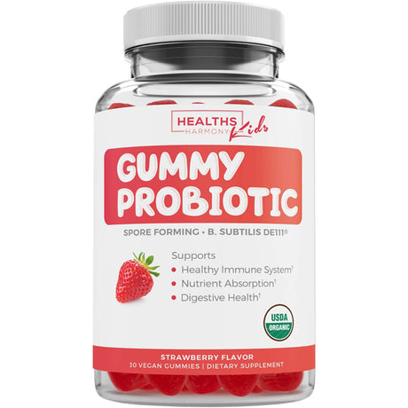 Healths Harmony USDA Organic Probiotics for Kids (Non-Gmo) Strawberry Flavor Kids Probiotic Gummies for Digestion and Immune Support - 2.5 Billion CFU of DE111 Spore Forming - 30 Gummys