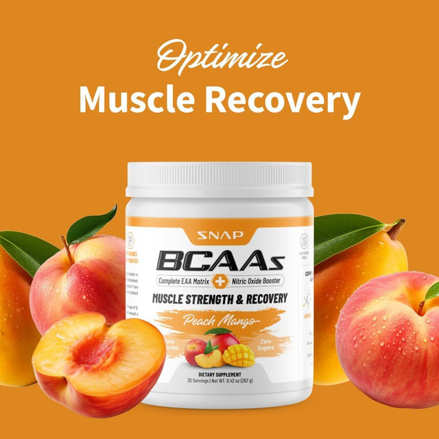 Snap Supplements Plant-Based BCAA Powder with Nitric Oxide Booster, No Artificial Flavors, Support Muscle Strength and Recovery, 30 Servings, Peach Mango