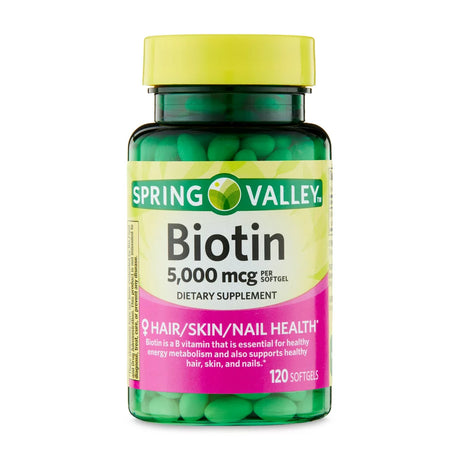 Spring Valley Biotin Hair/Skin/Nails Health Dietary Supplement Softgels, 5,000 Mcg, 120 Count