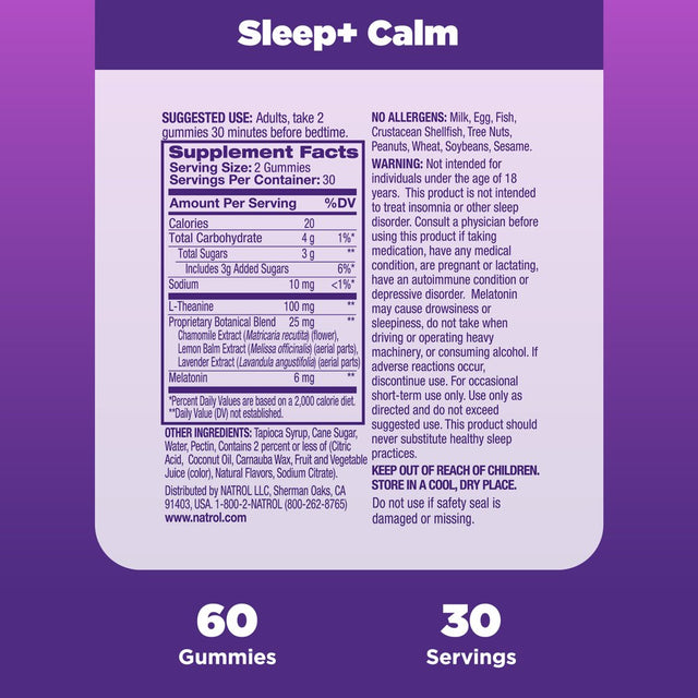 Natrol Sleep+ Calm Gummies, Sleep Aid Dietary Supplement, Strawberry, 60 Count