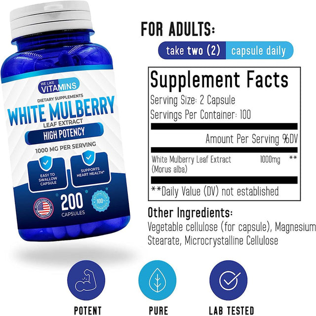 We like Vitamins White Mulberry Supplement Blood Sugar Support Appetite Suppressant 200 Capsules