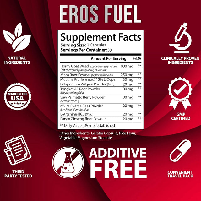 Eros Fuel Dietary Supplement W/Horny Goat Weed | for Strength, Energy & Endurance – Supports Muscle, Heart Health, Blood Pressure and Circulation - 60 CT