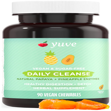 Yuve Natural Papaya Digestive Enzymes - Sugar-Free Chewable Candies - Promotes Better Digestion - Constipation & Bloating Aid, Detox, Leaky Gut Repair & Gas Relief - Vegan, Non-Gmo, Gluten-Free - 90Ct