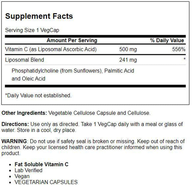 Solaray Liposomal Vitamin C 500Mg, Healthy Immune Function, Collagen Synthesis & Antioxidant Support, Vegan, 100 Vegcaps