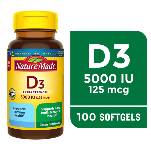 Nature Made Extra Strength Vitamin D3 5000 IU (125 Mcg) Softgels, Dietary Supplement for Bone and Immune Health Support, 100 Count