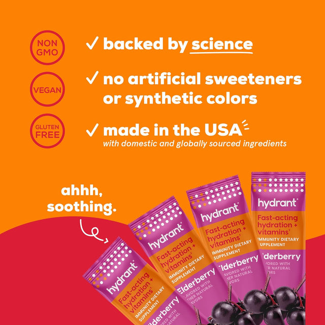 Hydrant Immunity, Individual Immune Hydration Powder Stick Packets with Vitamin C, Vitamin D, and Zinc for Electrolyte and Energy Support (Elderberry, 30 Count)