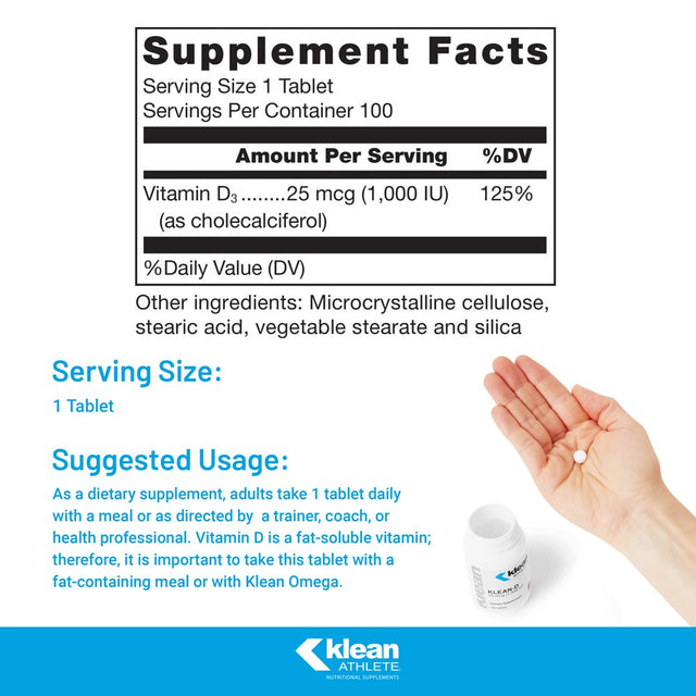 Klean Athlete - Klean-D 25 Mcg (1,000 IU) - Targeted Support When the Body Can'T Produce Vitamin D Naturally - NSF Certified for Sport - 100 Tablets