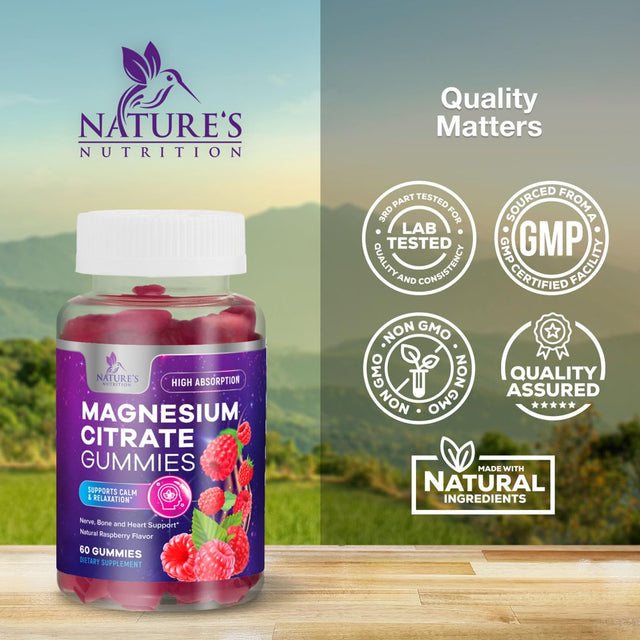 Magnesium Citrate Gummies - Magnesium Supplement for Adults & Kids - Supports Calm Magnesium Gummy Dietary Supplements for Muscle, Nerve, Bone & Heart Support - 60 Non-Gmo Raspberry Magnesium Gummies