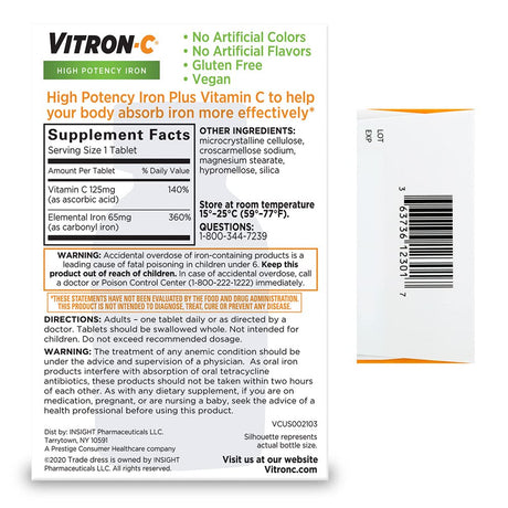 Vitron-C Iron Supplement, Once Daily, High Potency Iron plus Vitamin C, Dye Free Tablets, 60 Count