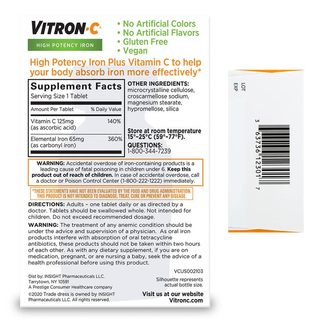 Vitron-C Iron Supplement, Once Daily, High Potency Iron plus Vitamin C, Dye Free Tablets, 60 Count