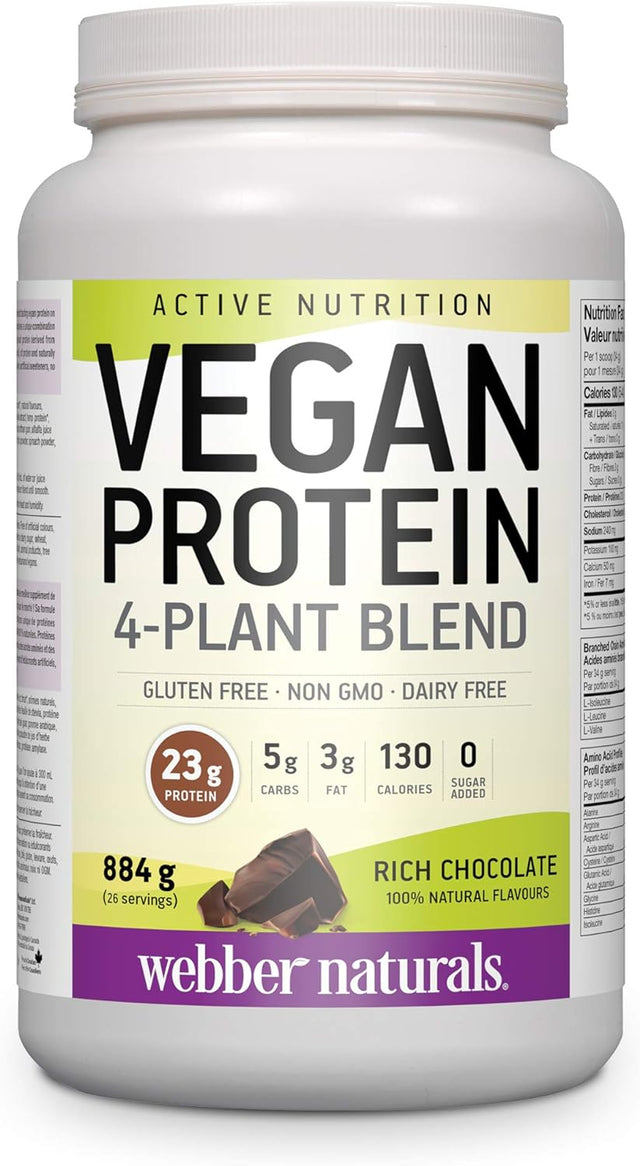 Webber Naturals Vegan Protein Powder, 4-Plant Blend, Rich Chocolate Flavour, 26 Servings, 23 G of Protein, 884 G