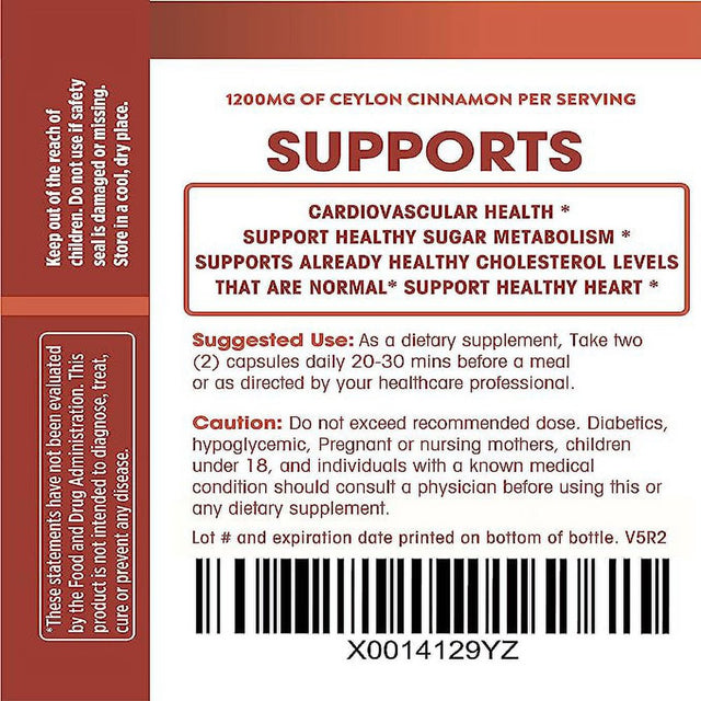 Organic Ceylon Cinnamon - 1200 Mg | Powerful Antioxidant Promotes Heart Health | Maintains Joint Health and Mobility | Non-Gmo | 60 Veg Capsules