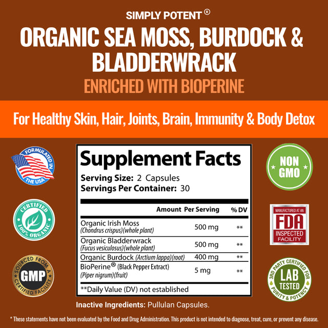 Sea Moss Supplement with Black Pepper, 60 Capsules Made with Organic Irish Moss, Bladderwrack and Burdock for Immune System & Digestive Health - Thyroid, Healthy Skin, Keto Detox, Gut, Joint Support