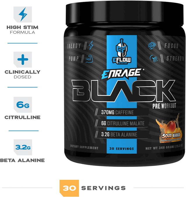 Eflow Nutrition Enrage Black High Stimulant Pre Workout Supplement - Preworkout Powder to Boost Energy, Pumps and Strength - 4 Flavors (30 Servings) (Sour Mango)