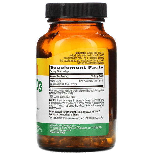 Country Life Vitamin D3, 62.5 Mcg (2,500 I.U.), 200 Softgels