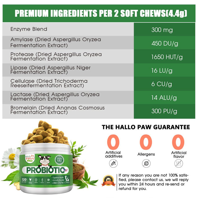 Hallo Paw Probiotic Chews for Dogs/Puppies 120 Yeast Chews-Daily Probiotics for Dogs Gut, Digestive, Skin Health, Allergy