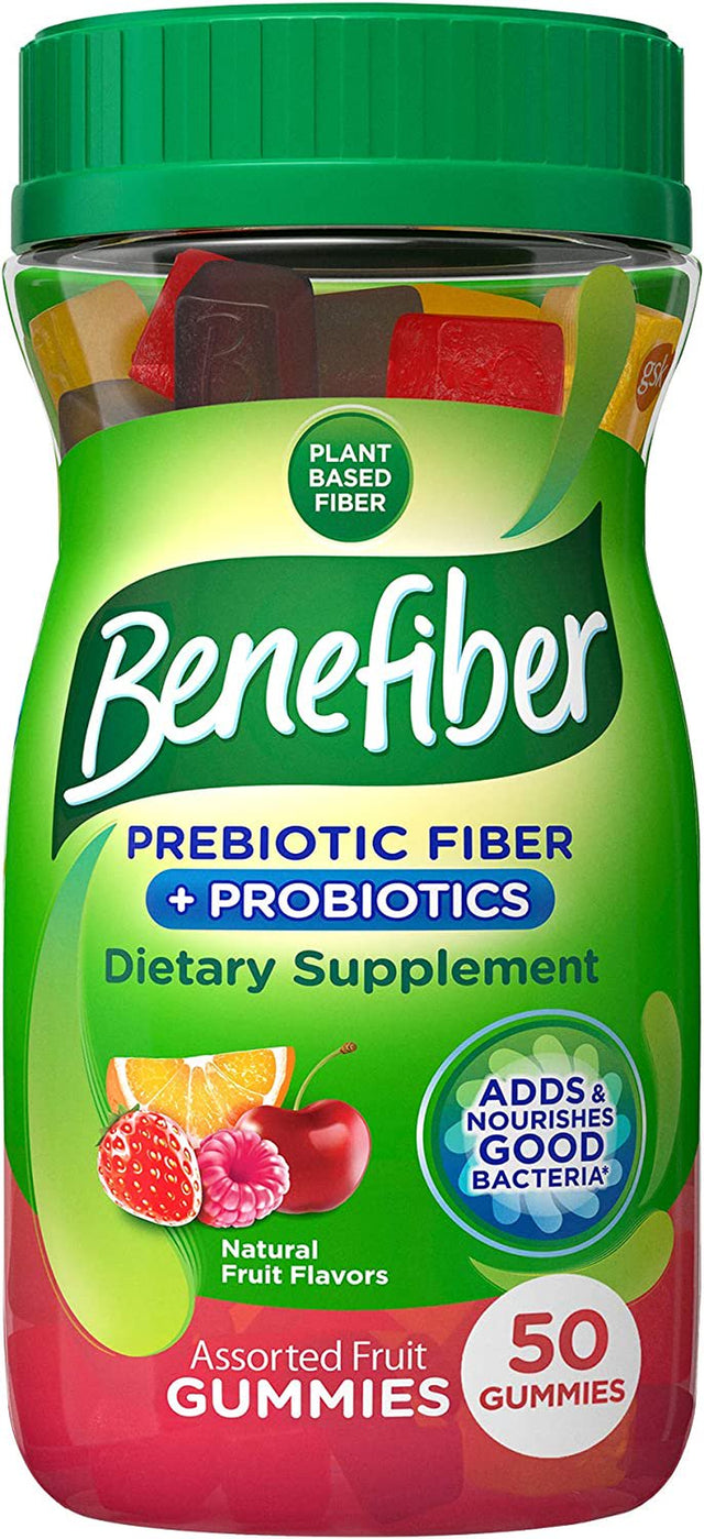 Benefiber Prebiotic Fiber Supplement Gummies for Digestive Health with Probiotics, Fiber Gummies for Adults, Assorted Fruit Flavor - 50 Count