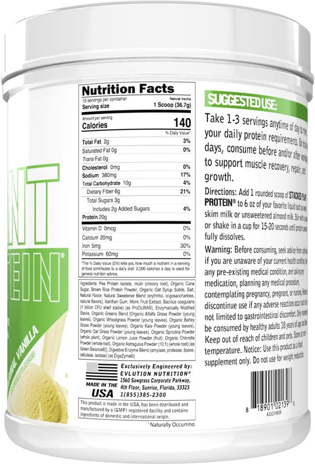 Evlution Nutrition Stacked Plant Protein Powder, Vegan, Non-Gmo, Gluten-Free, Probiotics, Bcaas, Fiber, Complete Plant-Based Protein Complex, 1.5 LB (Natural Vanilla)