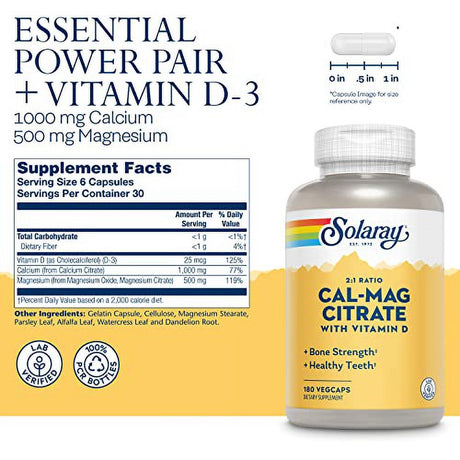 Solaray Calcium Magnesium Citrate 2:1 W/Vitamin D-3, Strong Bones & Teeth, Muscle & Nerve Support, 30 Serv, 180 Caps