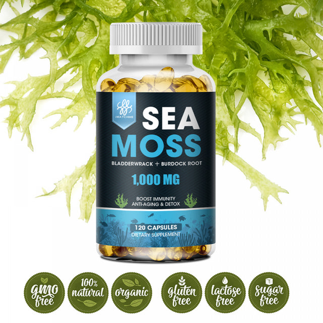 Imatchme Organic Sea Moss Capsules 1000Mg with Bladderwrack, Burdock Root for Immune System, Gut, Skin & Energy,60 Count