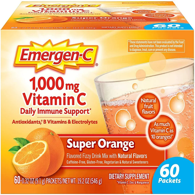 Emergen-C 1000Mg Vitamin C Powder, with Antioxidants, B Vitamins and Electrolytes, Vitamin C Supplements for Immune Support, Caffeine Free Fizzy Drink Mix, Super Orange Flavor - 60 Count