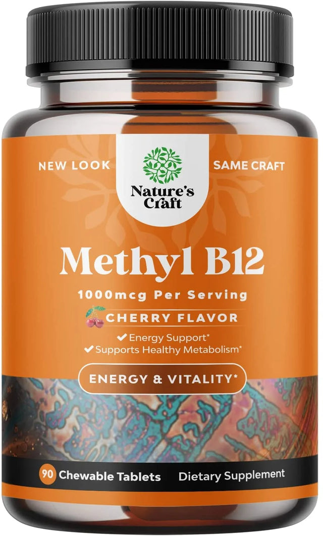 Chewable Vitamin B12 1000 Mcg per Serving - Cherry Flavor Methyl B12 Vitamins for Brain Support, Energy & Metabolism Boost 90Ct Tablets