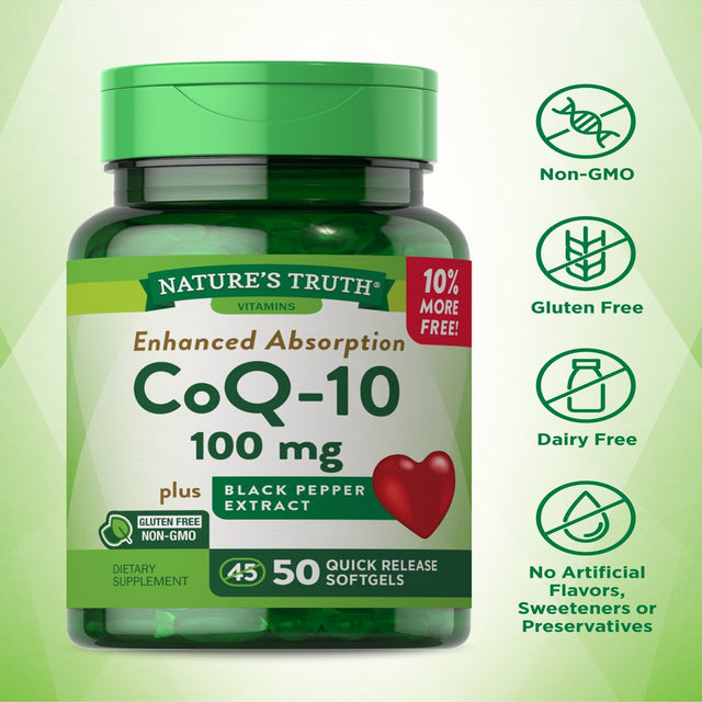 Nature'S Truth Coq10 100Mg | 50 Softgels | Enhanced Absorption Supplement | plus Black Pepper Extract | Non-Gmo, Gluten Free