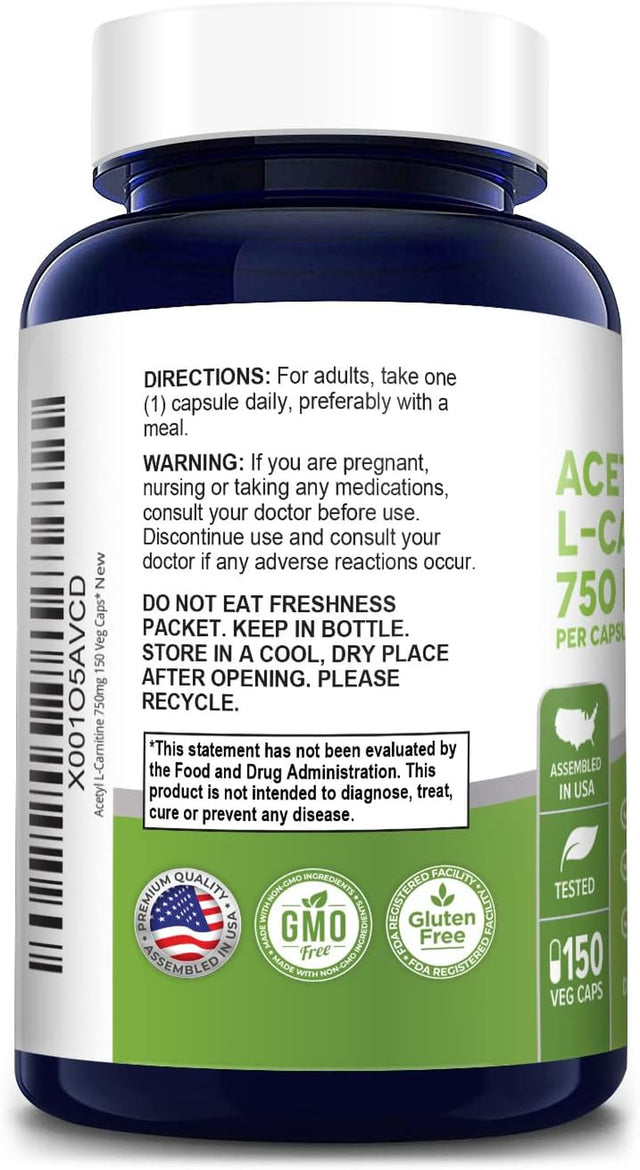 Nusapure Acetyl L-Carnitine 750Mg per Caps 150 Veggie Capsules (Non-Gmo, Gluten Free) High Potency Acetyl L Carnitine HCL (ALCAR)