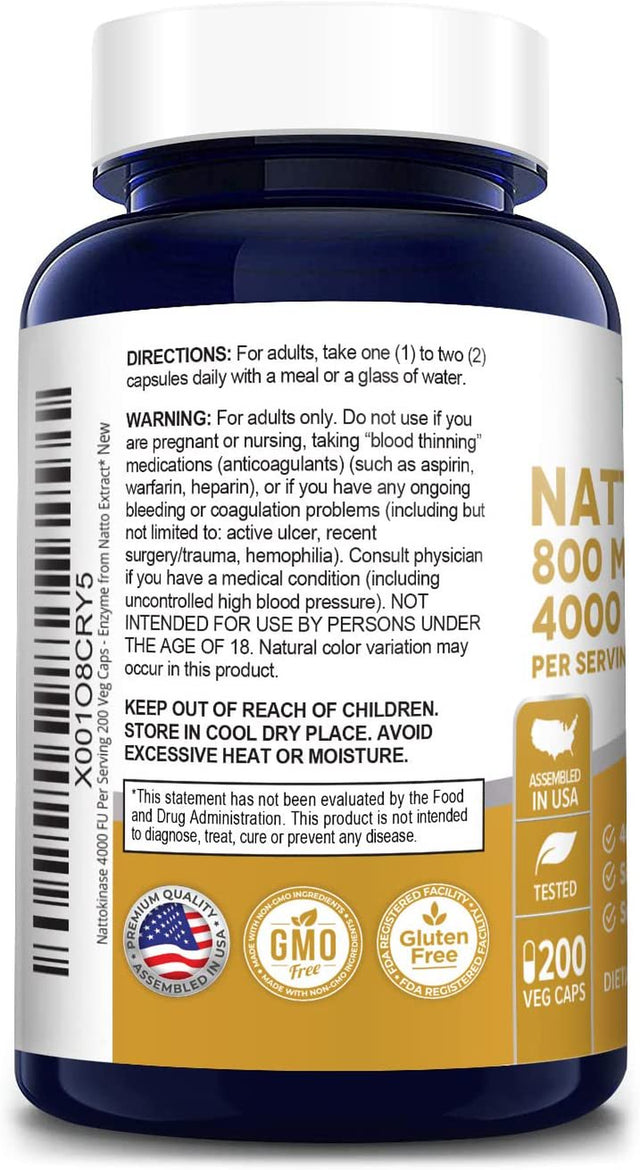 Nusapure Nattokinase 800Mg: Potent 4000 FU Dietary Supplement Promoting Wellness & Health, 200 Veggie Capsules, Non-Gmo, Gluten-Free, for Unisex Adult