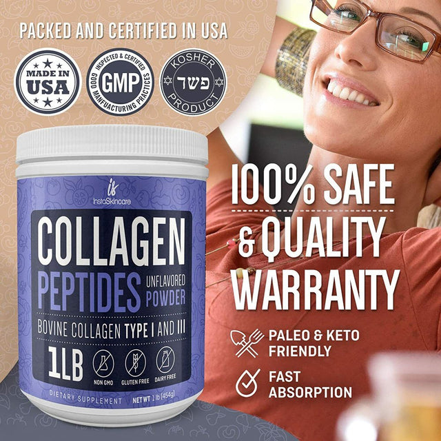 Collagen Powder Premium Peptides Hydrolyzed Anti-Aging Unflavored 1LB 2 Pack, Instaskincare