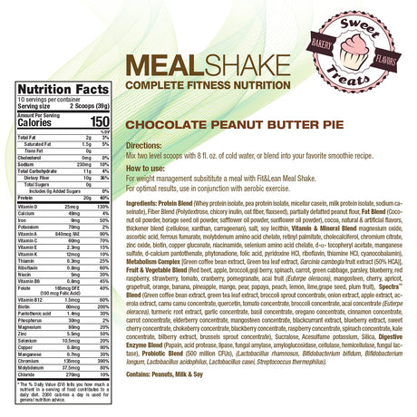 Fit & Lean Meal Shake Meal Replacement with Protein, Fiber, Probiotics and Organic Fruits & Vegetables, Chocolate Peanut Butter Pie, 1Lb, 10 Servings