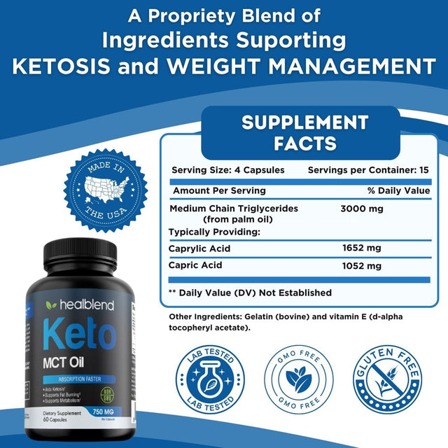 Healblend Keto MCT Oil Capsules 3000Mg - Natural Exogenous Ketones, Ketosis Diet Pills Support Energy & Fat Burner - Ketogenic Supplements for Men Women - 60 Count