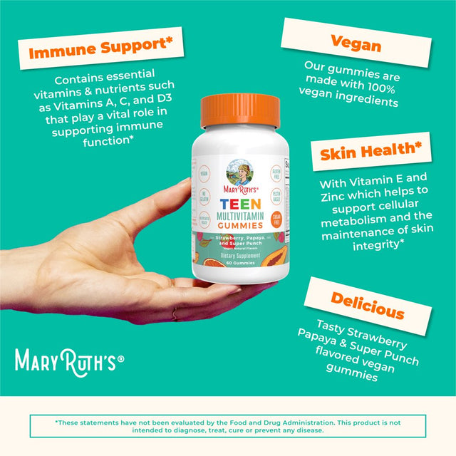 Maryruth Organics | Teen Multivitamin Gummies for Ages 13+ | Vitamins C, D, E, Zinc, and B Vitamins | Immune Support, Energy Boost, Skin & Hair Health | 60 Count