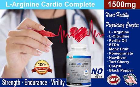 L-Arginine Cardio Complete, Nitric Oxide Booster, 1500Mg Cardio Support Blend plus L-Citrulline, Vitamins Minerals Supports Cardio Health, BP, Energy, Nitric Oxide, One Bottles 180 Caps