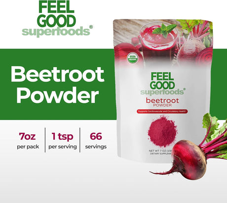 Feelgood Superfoods Fortified Organic Beetroot Powder, Nitric Oxide Booster for Cooking and Smoothies, Pure Beets with 10:1 Beet Root Extract, 7 Oz