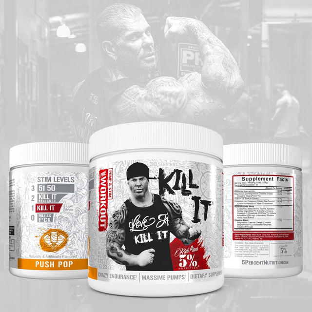 5% Nutrition Rich Piana Kill It Pre Workout Powder W/Creatine, Jitter-Free Caffeine, No-Booster, Beta Alanine, L-Citrulline for Focus, Pump, Endurance, Recovery 13.23 Oz, 30 Srvgs (Push Pop)