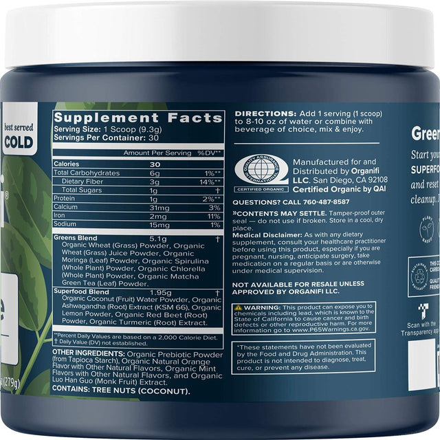 Organifi Green Juice - Organic Superfood Powder - 30-Day Supply - Organic Vegan Greens - Helps Decrease Cortisol - Provides Better Response to Stress - Supports Weight Control - Total Body Wellness