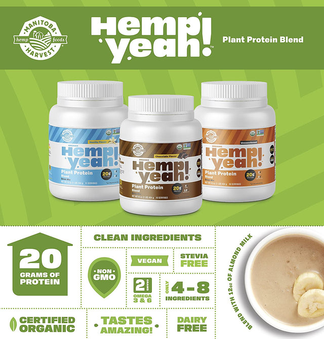 Manitoba Harvest Hemp Yeah! Organic Plant-Based Protein Powder with 20G of Complete Plant, 4G of Fiber & 1.9G Omegas 3&6, Non-Gmo, Vegan, Chocolate, 16 Oz