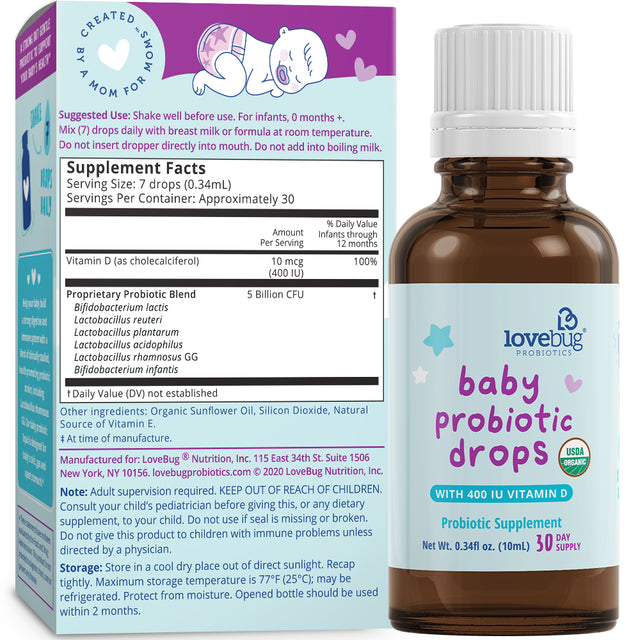 Lovebug Probiotics Baby Probiotic Drops, 5 Billion CFU, 0.34 Fl Oz (10 Ml)