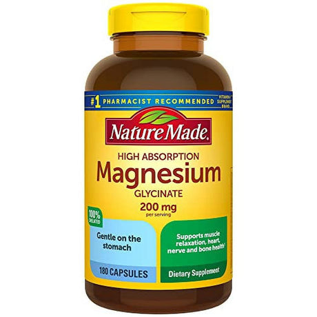 Nature Made High Absorption Magnesium Glycinate 200 Mg, Supports Muscle Relaxation, Heart, Nerve, and Bone Health, Gentle on the Stomach, 100% Chelated, 180 Capsules