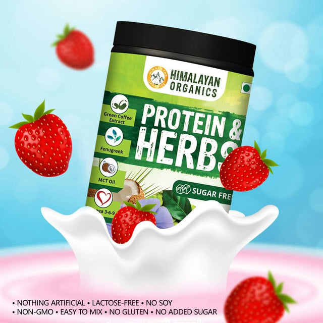 Organics Protein & Herbs, Whey Protein with Green Coffee Beans Extract, Omega 3-6-9, MCT Oil & 27 Essentials Vitamins & Minerals - 20 Servings - 0G Added Sugar (Strawberry)