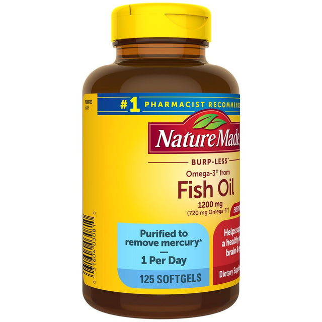 Nature Made Burp Less Omega 3 Fish Oil 1200 Mg Softgels, Fish Oil Supplements, 125 Count