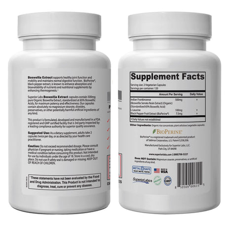 Superior Labs Boswellia Extract - Pure Nongmo Boswellic 65% Acids W/Bioperine Superior Absorption Zero Synthetic Additives - Powerful Formula Joint, Knees, Hips, Migraine, Immune, - 500Mg Svg, 240 Veg