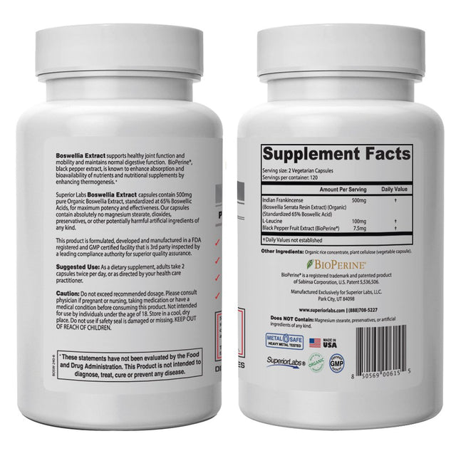 Superior Labs Boswellia Extract - Pure Nongmo Boswellic 65% Acids W/Bioperine Superior Absorption Zero Synthetic Additives - Powerful Formula Joint, Knees, Hips, Migraine, Immune, - 500Mg Svg, 240 Veg