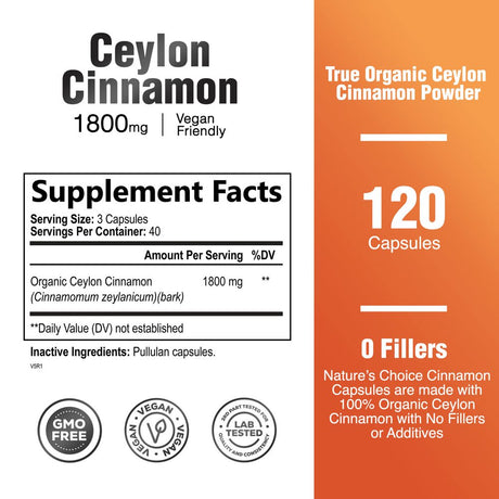 Ceylon Cinnamon Capsules - Certified Organic Cinnamon Pills, Non-Gmo, Dairy & Gluten Free, Sri Lanka Cinnamon Powder Supplement, Vegan True Cinnamomum Vitamins, Sugar Free, 120 Count Cinnamon Capsules