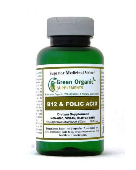 (Pack-1) Green Organic Supplements Vitamin B12 & Folic Acid, 1000Mcg, 90 Vcaps, Hand Made, Vegan, Non-Gmo, Supports Functioning of the Nervous System, and the Integrity of Skin, Hair & Liver