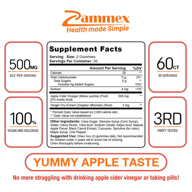 Zammex Organic Apple Cider Vinegar Gummies 500Mg, Stomach Fat Burner, 60 Count Keto Gummies