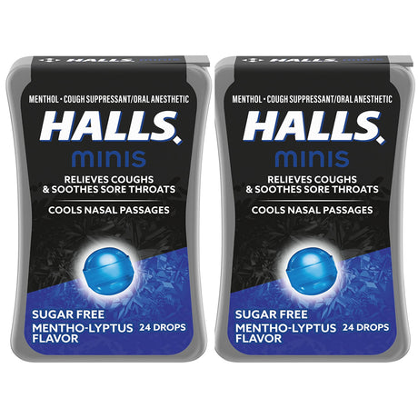 Halls Minis Mentho-Lyptus Flavor Sugar Free Cough Drops, 24 Mini Throat Lozenges per Pack (48 Total Pieces) 2 Pack Double up and Save